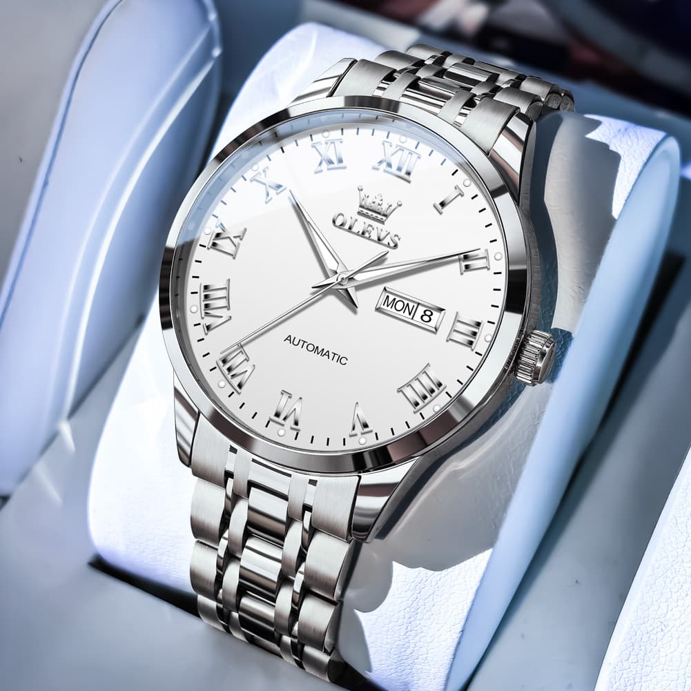 OLEVS 7060 Classic Roman Numeral Automatic Watch For Men - Silver White Watch | Olevs Watch Store