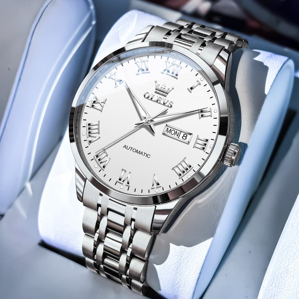 OLEVS 7060 Classic Roman Numeral Automatic Watch For Men - Silver White Watch | Olevs Watch Store