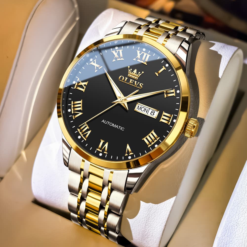 OLEVS 7060 Classic Roman Numeral Automatic Watch For Men - Two Tone Black Watch | Olevs Watch Store
