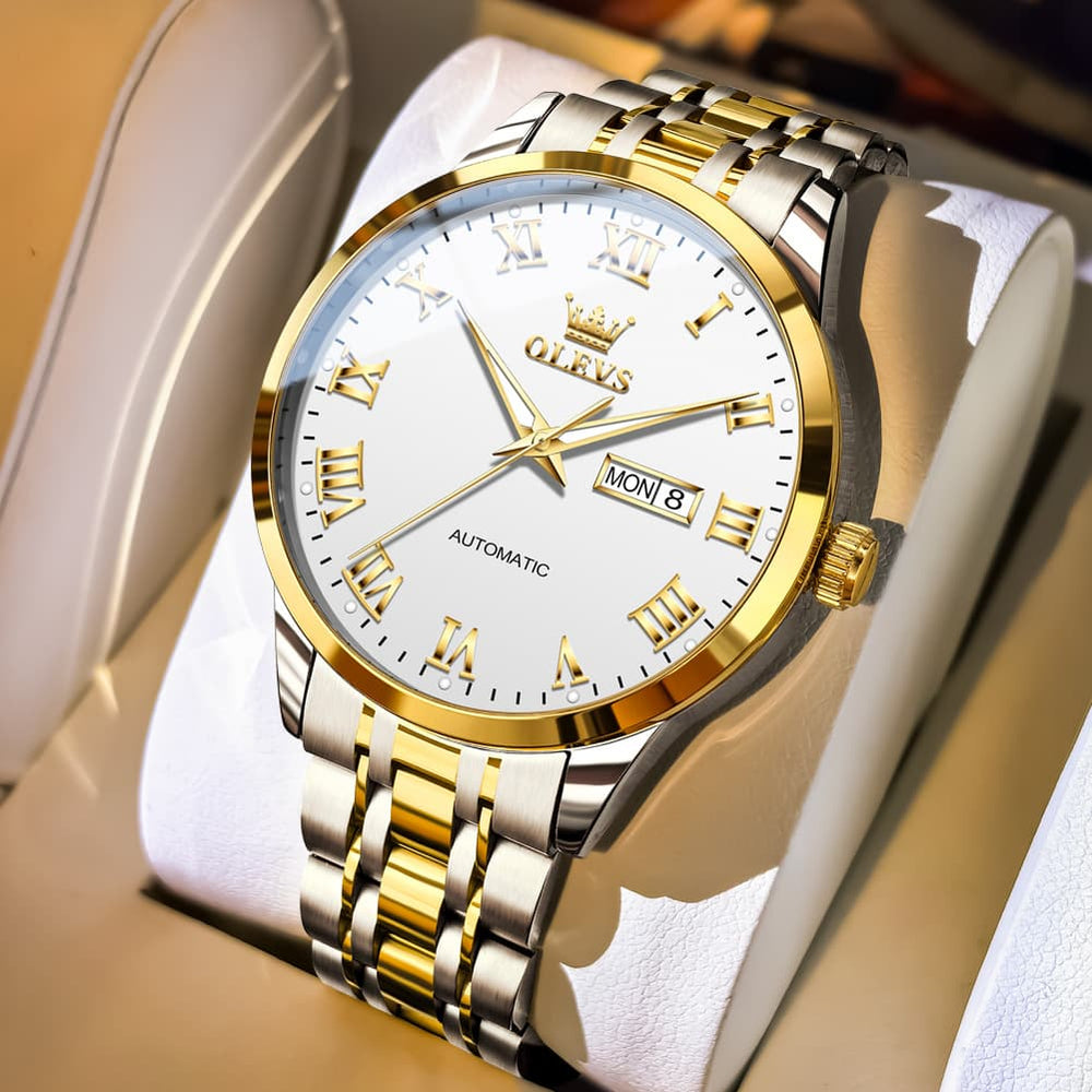 OLEVS 7060 Classic Roman Numeral Automatic Watch For Men - Two Tone White Watch | Olevs Watch Store