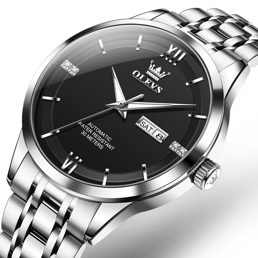 OLEVS 7061 Classic Dual Calendar Automatic Watch For Men - Silver Black Watch | Olevs Watch Store