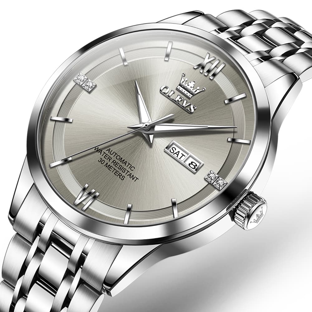 OLEVS 7061 Classic Dual Calendar Automatic Watch For Men - Silver Grey Watch | Olevs Watch Store