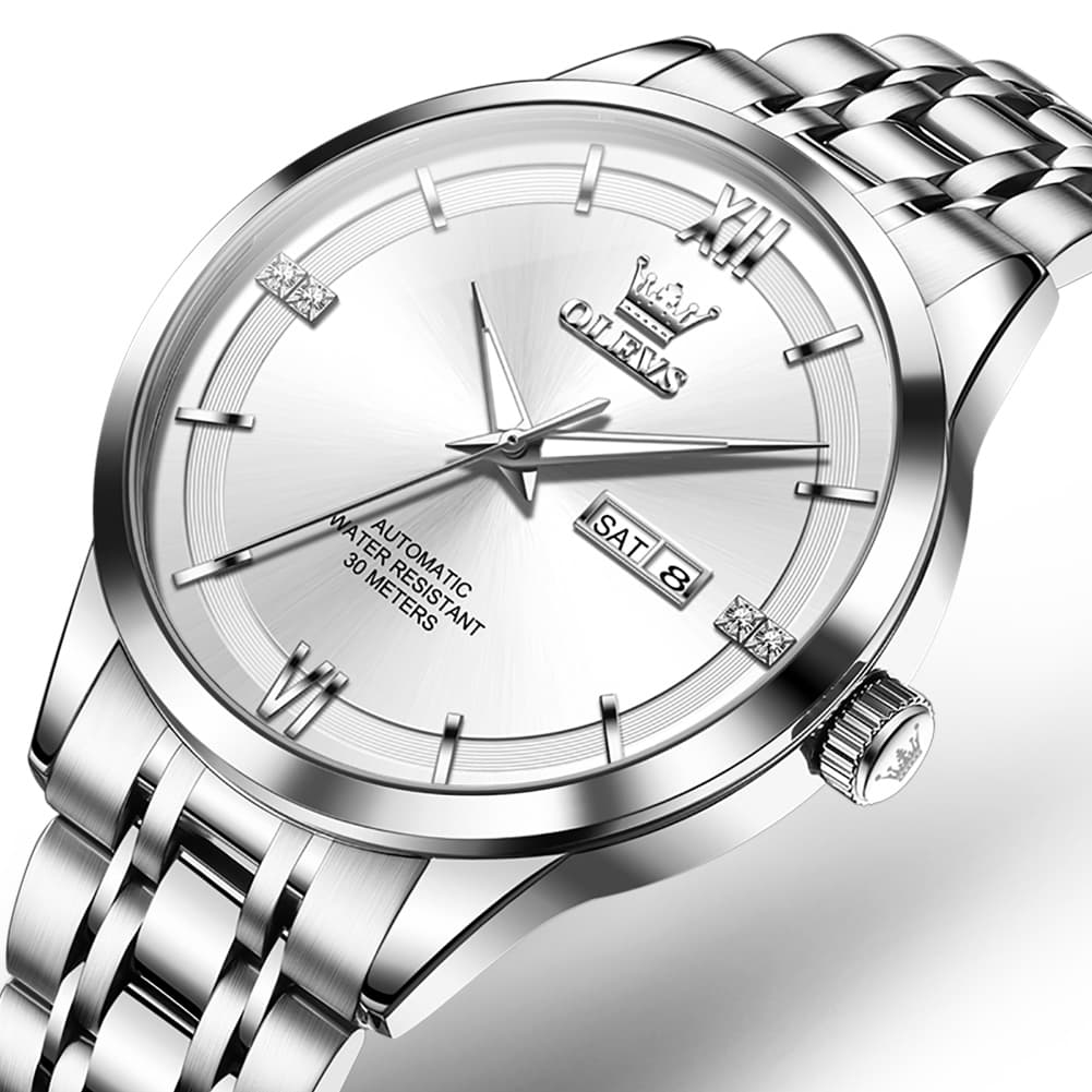 OLEVS 7061 Classic Dual Calendar Automatic Watch For Men - Silver White Watch | Olevs Watch Store