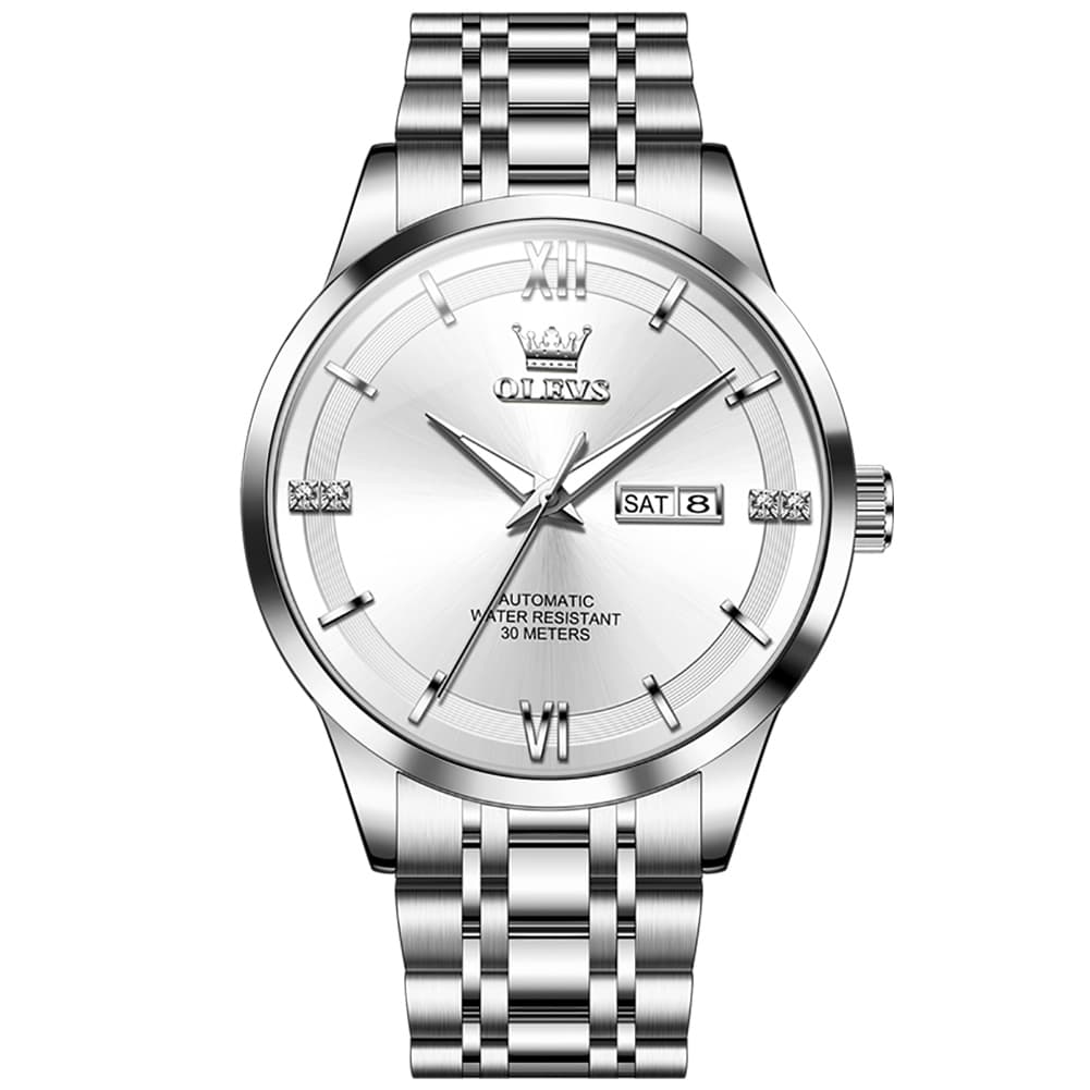 OLEVS 7061 Classic Dual Calendar Automatic Watch For Men - Silver White Watch | Olevs Watch Store