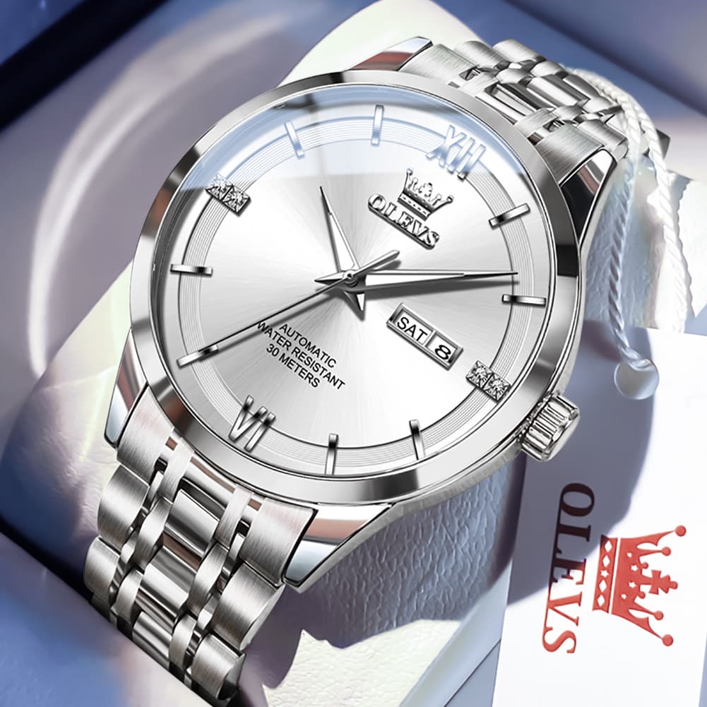 OLEVS 7061 Classic Dual Calendar Automatic Watch For Men - Silver White Watch | Olevs Watch Store