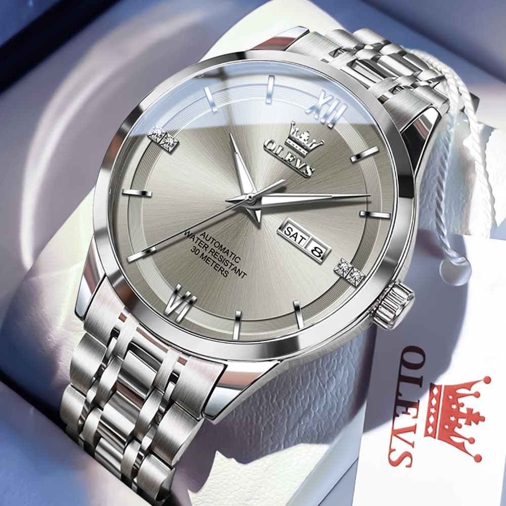 OLEVS 7061 Classic Dual Calendar Automatic Watch For Men - Silver White Watch | Olevs Watch Store