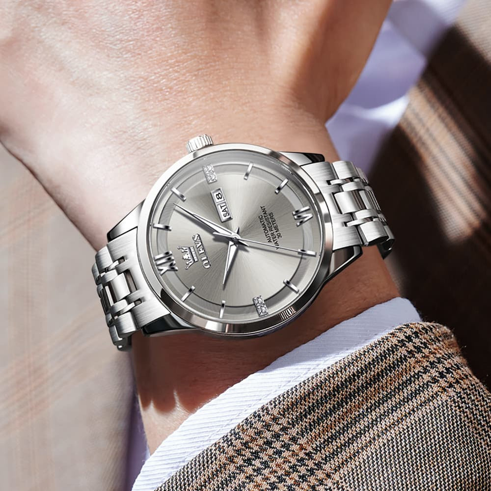OLEVS 7061 Classic Dual Calendar Automatic Watch For Men - Silver White Watch | Olevs Watch Store