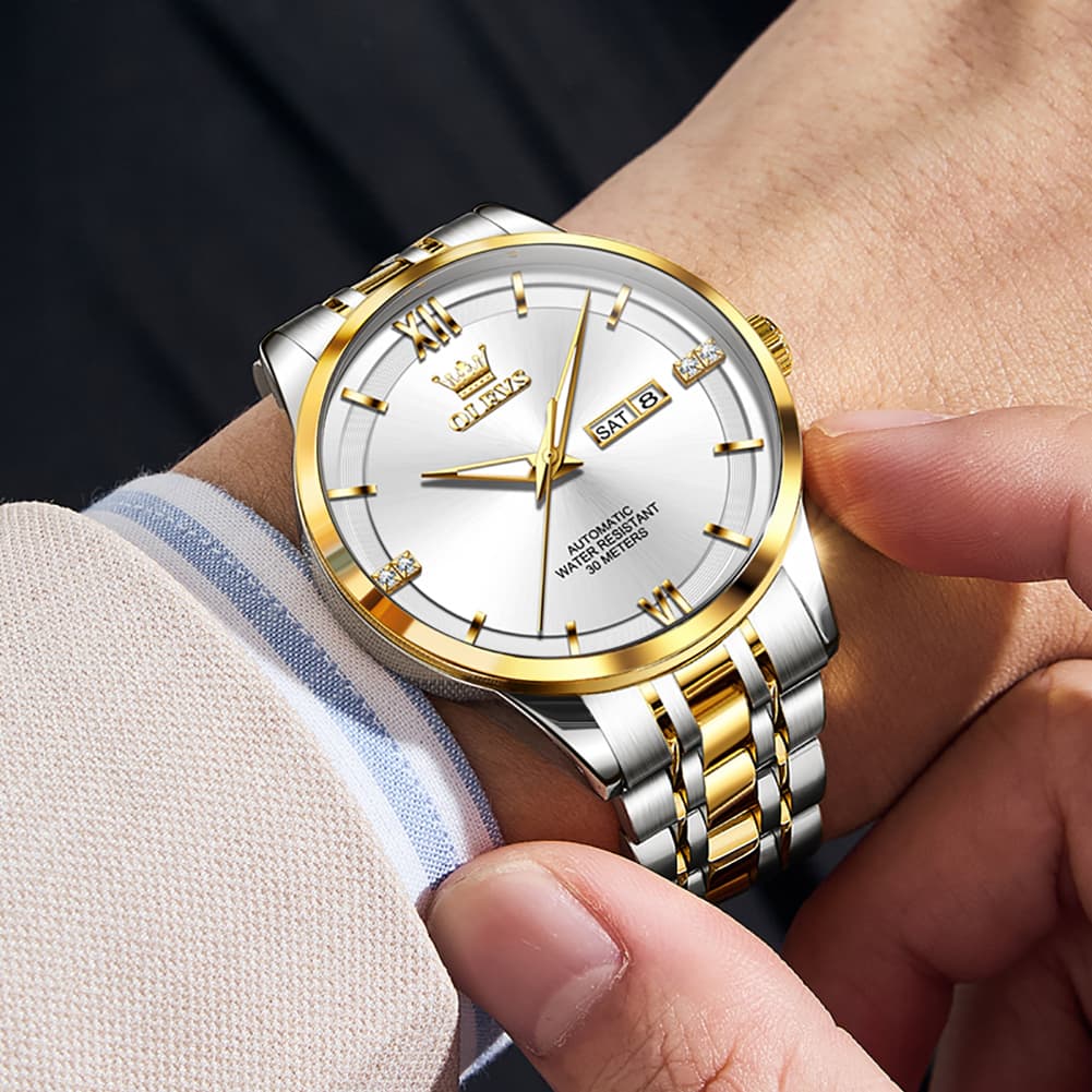 OLEVS 7061 Classic Dual Calendar Automatic Watch For Men - Silver White Watch | Olevs Watch Store