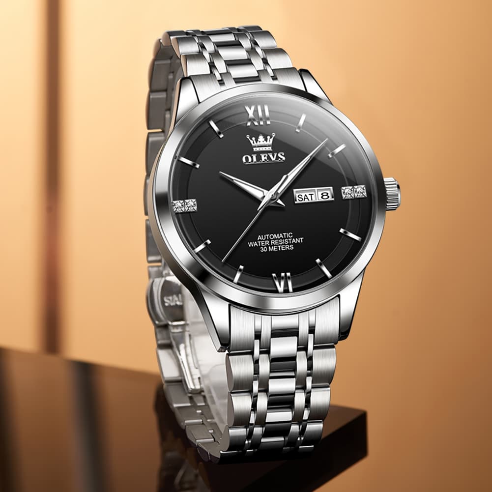 OLEVS 7061 Classic Dual Calendar Automatic Watch For Men - Silver White Watch | Olevs Watch Store