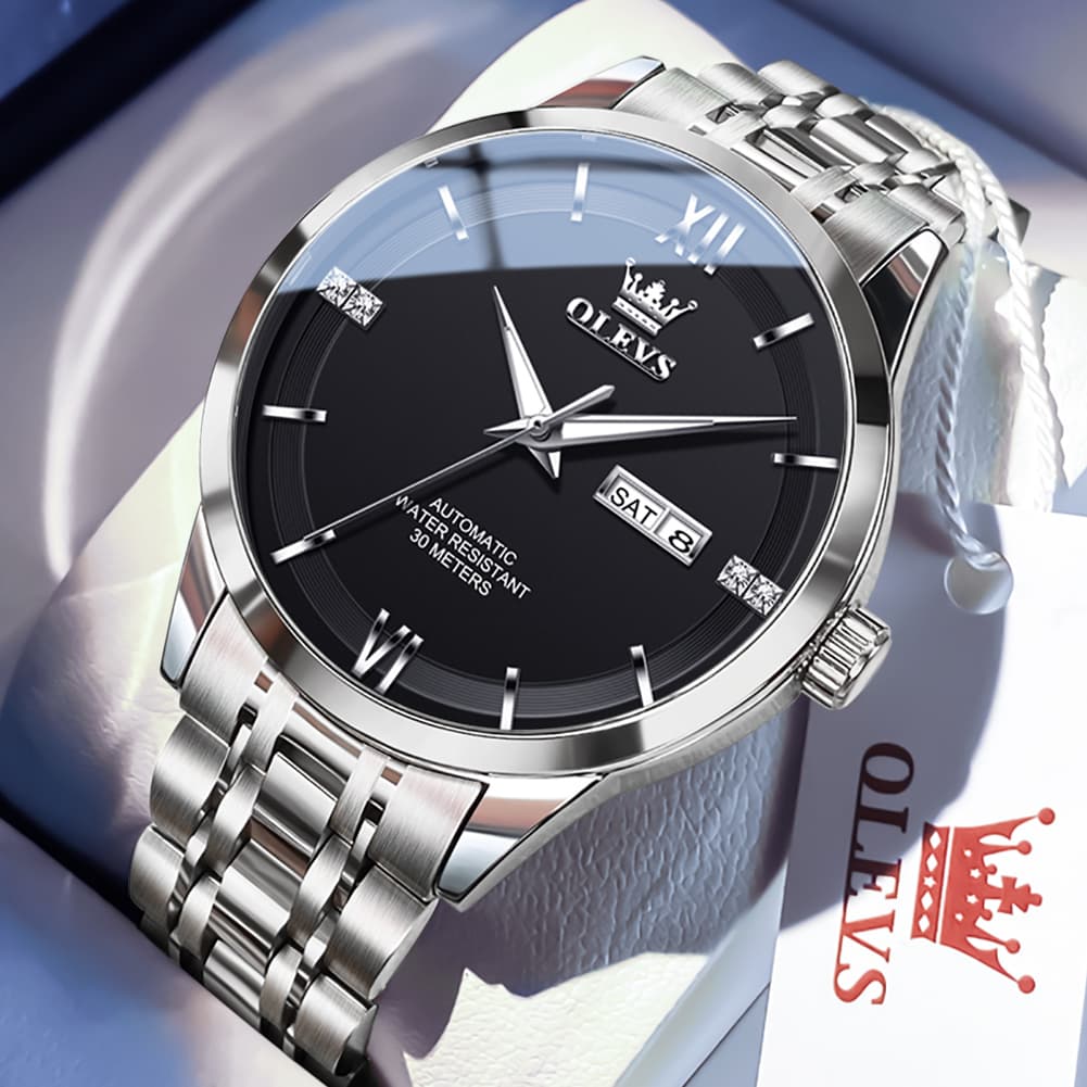 OLEVS 7061 Classic Dual Calendar Automatic Watch For Men - Silver White Watch | Olevs Watch Store