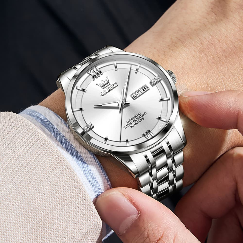 OLEVS 7061 Classic Dual Calendar Automatic Watch For Men - Silver White Watch | Olevs Watch Store