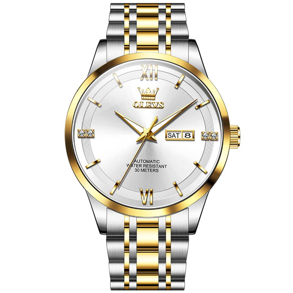OLEVS 7061 Classic Dual Calendar Automatic Watch For Men - Silver White Watch | Olevs Watch Store