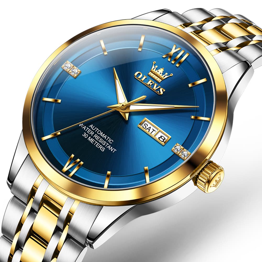 OLEVS 7061 Classic Dual Calendar Automatic Watch For Men - Two Tone Blue Watch | Olevs Watch Store