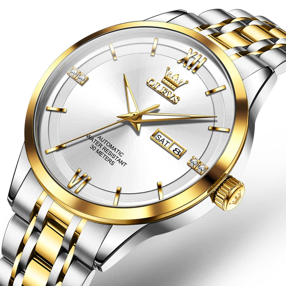 OLEVS 7061 Classic Dual Calendar Automatic Watch For Men - Two Tone White Watch | Olevs Watch Store