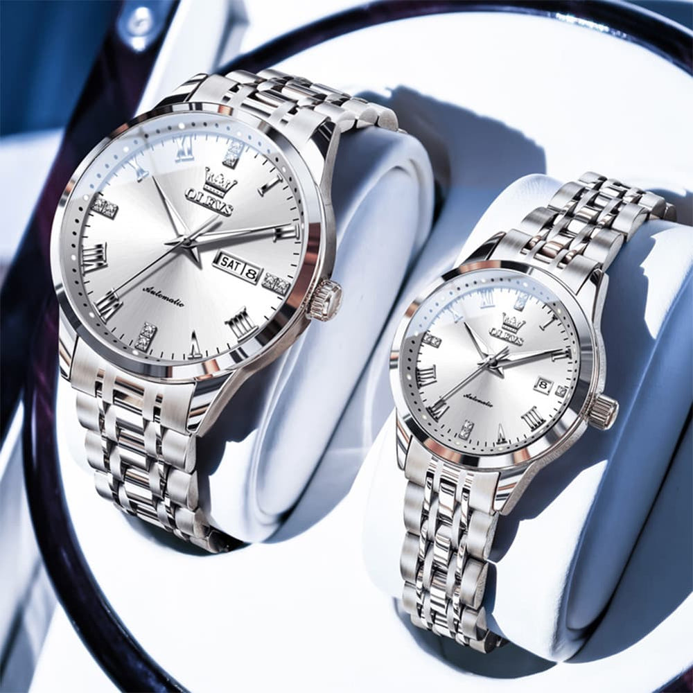 OLEVS 7062 Classic Automatic Couples Watch Set - Silver Black Watch | Olevs Watch Store
