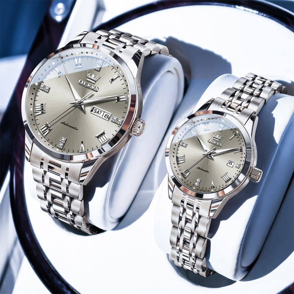 OLEVS 7062 Classic Automatic Couples Watch Set - Silver Black Watch | Olevs Watch Store