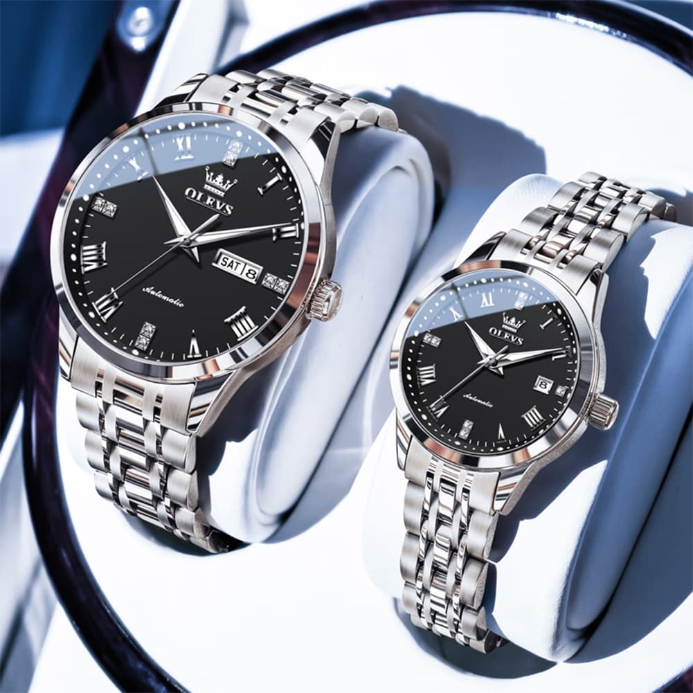 OLEVS 7062 Classic Automatic Couples Watch Set - Silver Black Watch | Olevs Watch Store