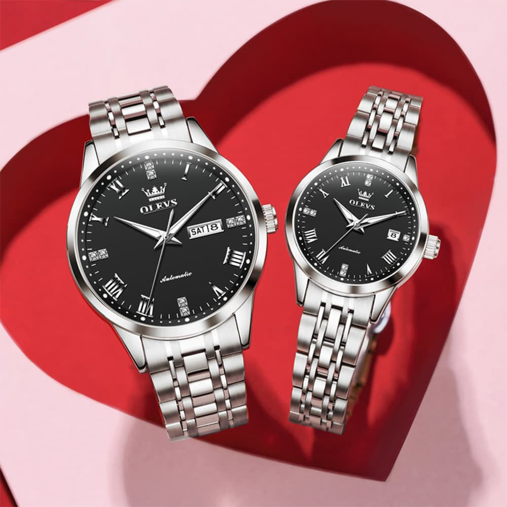 OLEVS 7062 Classic Automatic Couples Watch Set - Silver Black Watch | Olevs Watch Store