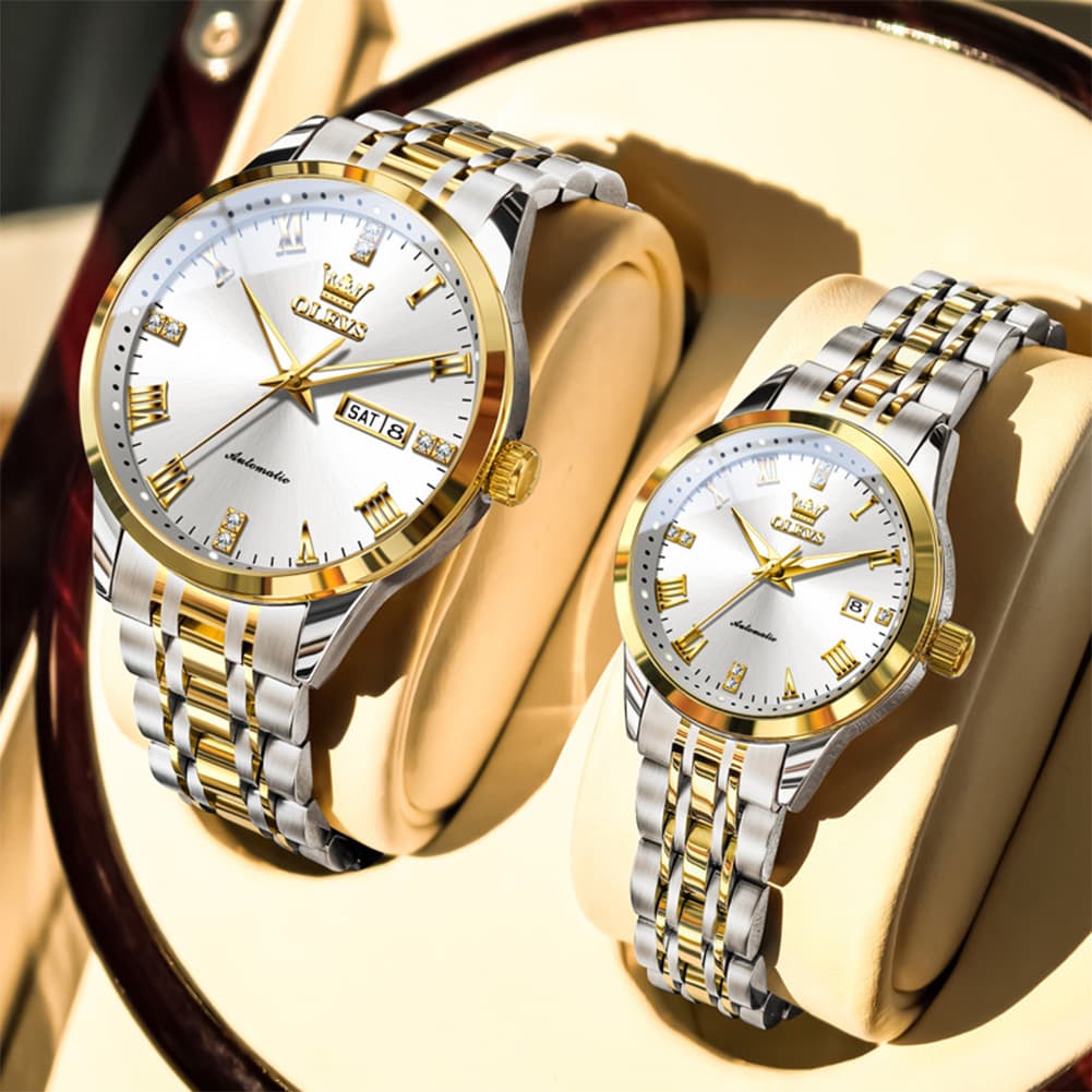 OLEVS 7062 Classic Automatic Couples Watch Set - Silver Black Watch | Olevs Watch Store