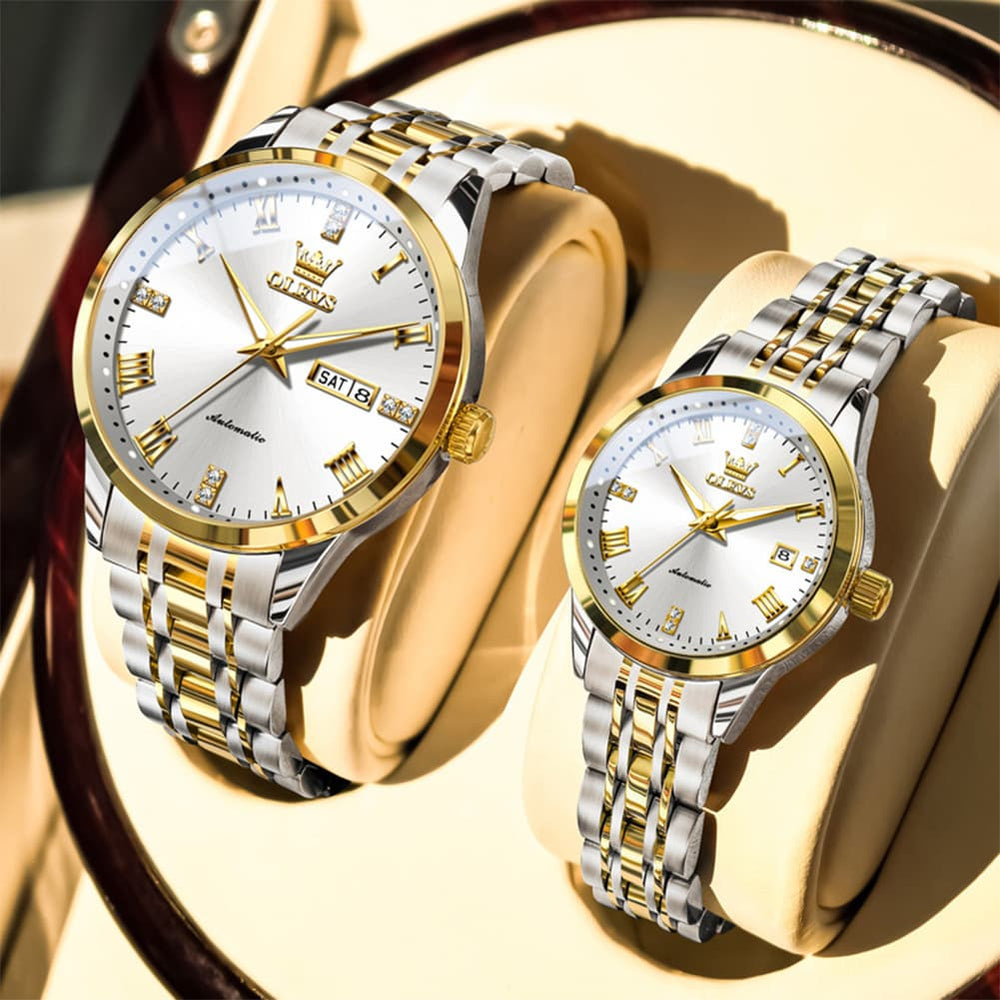 OLEVS 7062 Classic Automatic Couples Watch Set - Silver Black Watch | Olevs Watch Store