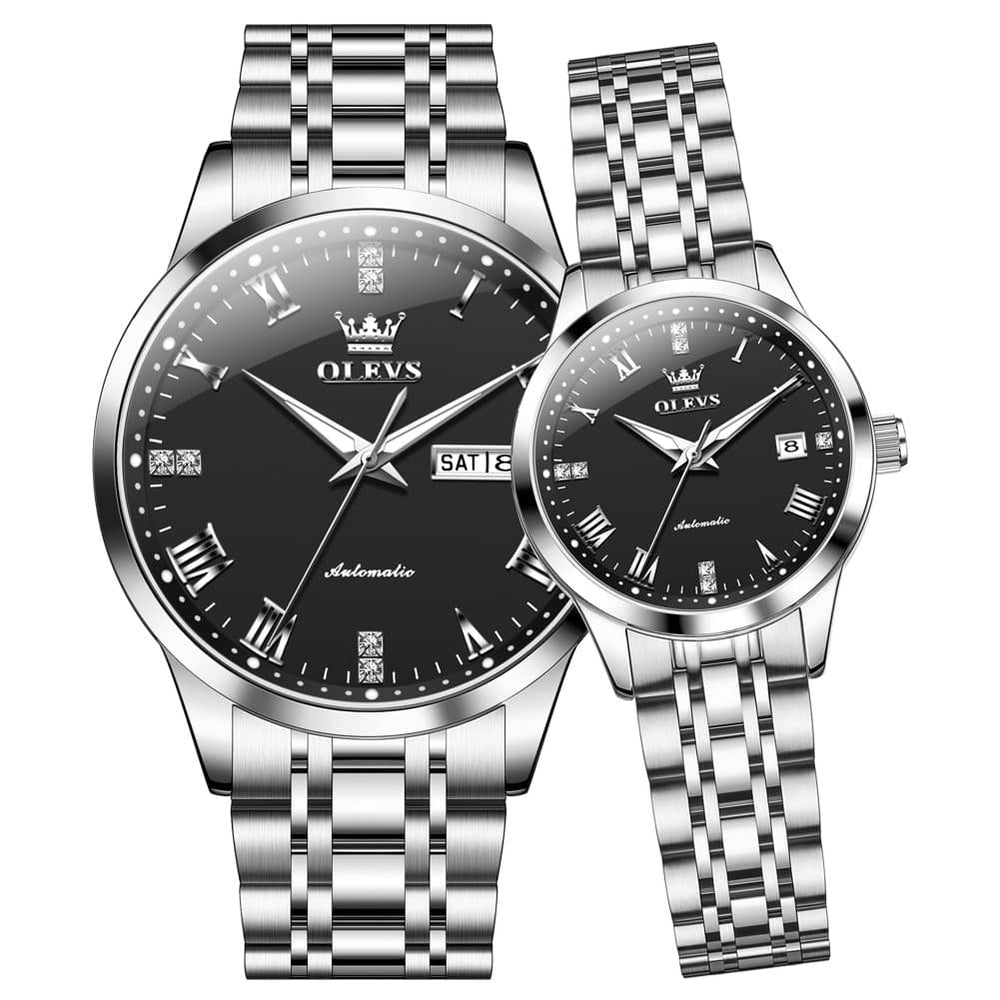 OLEVS 7062 Classic Automatic Couples Watch Set - Silver Black Watch | Olevs Watch Store
