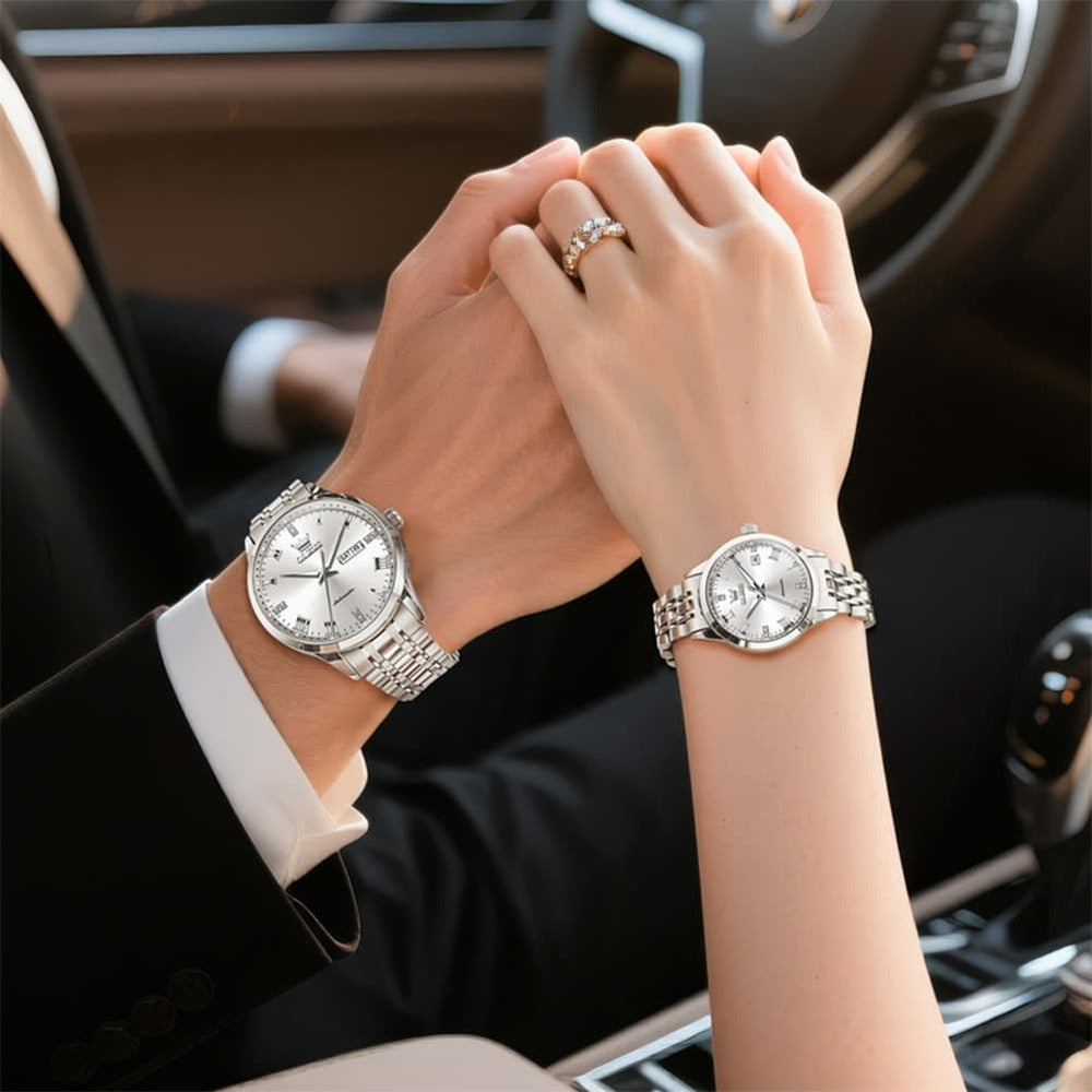 OLEVS 7062 Classic Automatic Couples Watch Set - Silver Black Watch | Olevs Watch Store