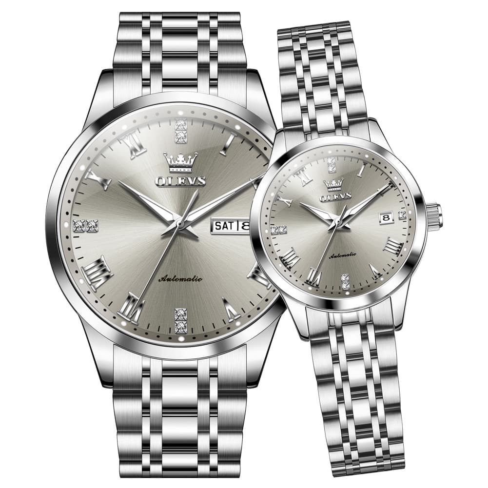 OLEVS 7062 Classic Automatic Couples Watch Set - Silver Grey Watch | Olevs Watch Store