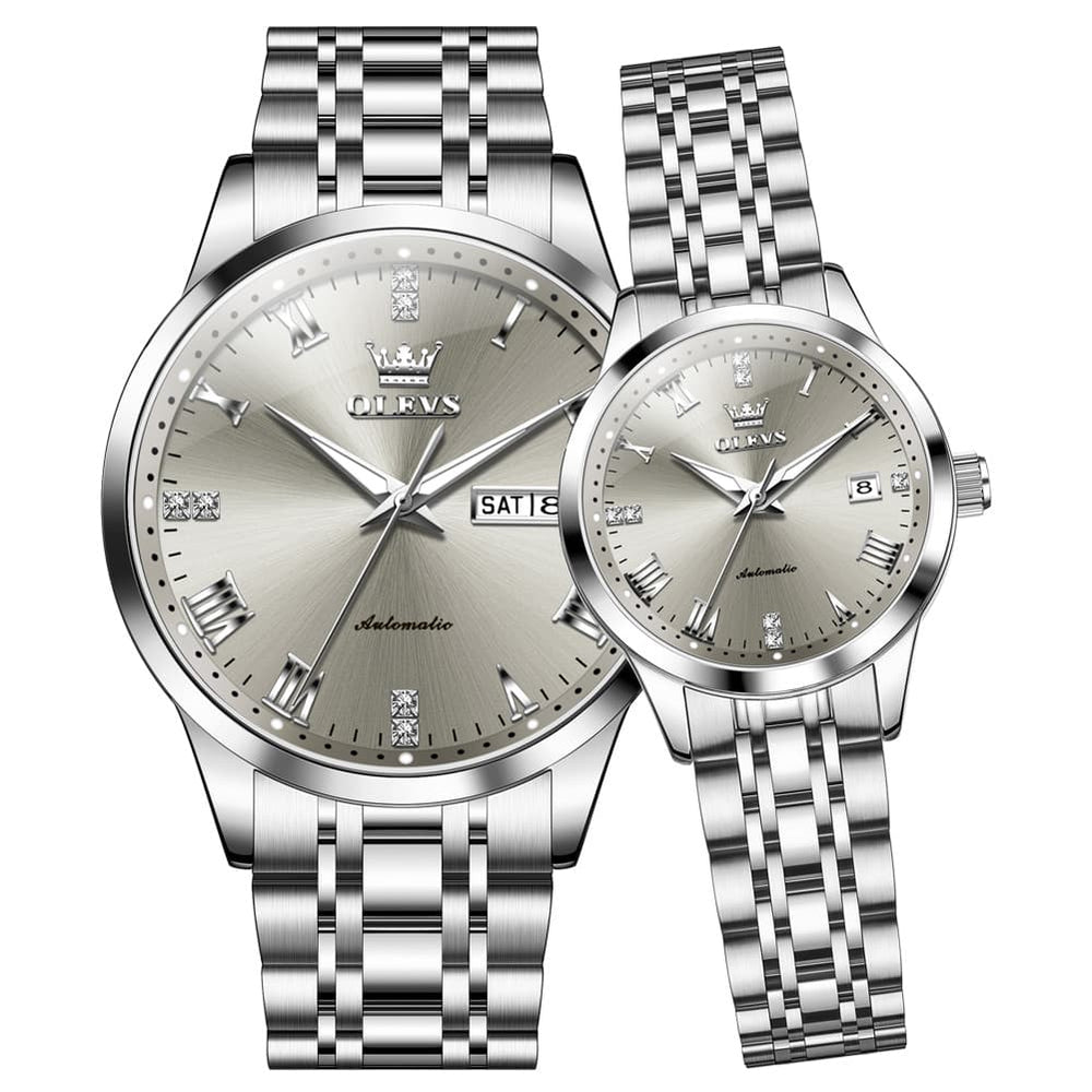OLEVS 7062 Classic Automatic Couples Watch Set - Silver Grey Watch | Olevs Watch Store