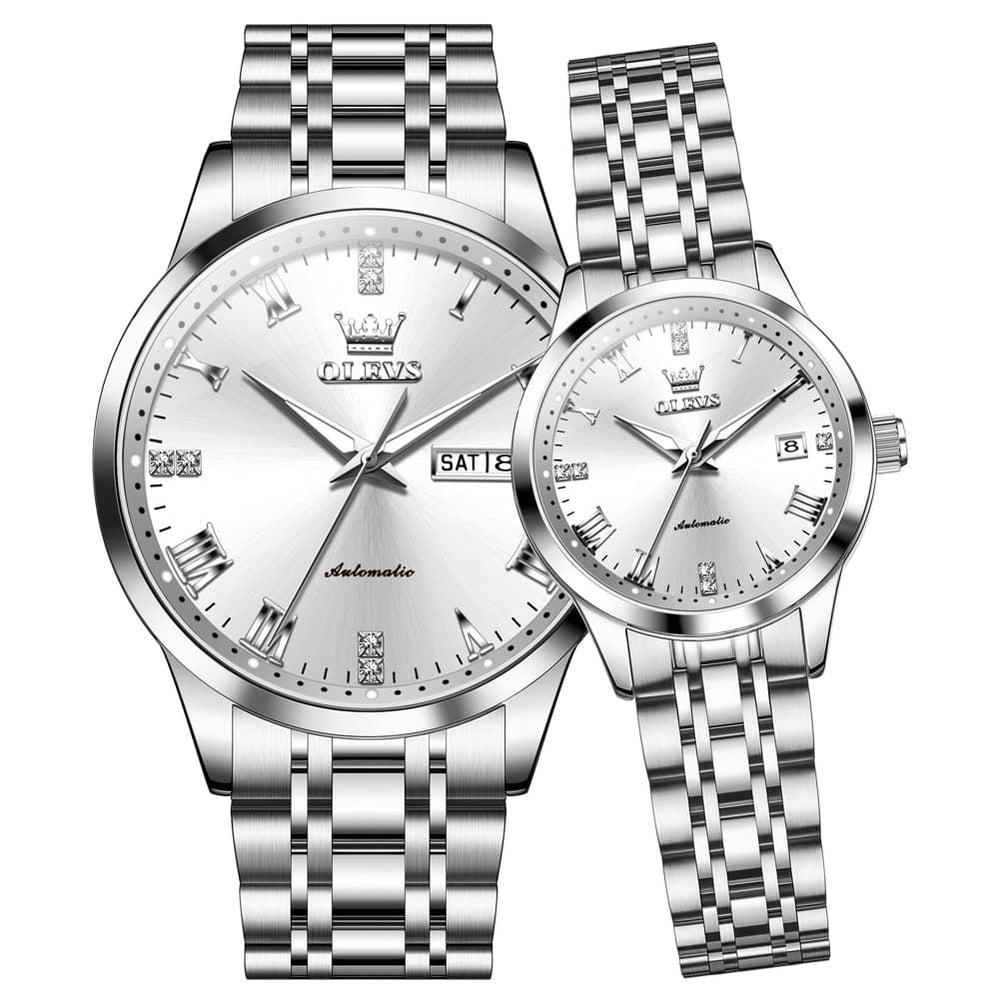 OLEVS 7062 Classic Automatic Couples Watch Set - Silver White Watch | Olevs Watch Store