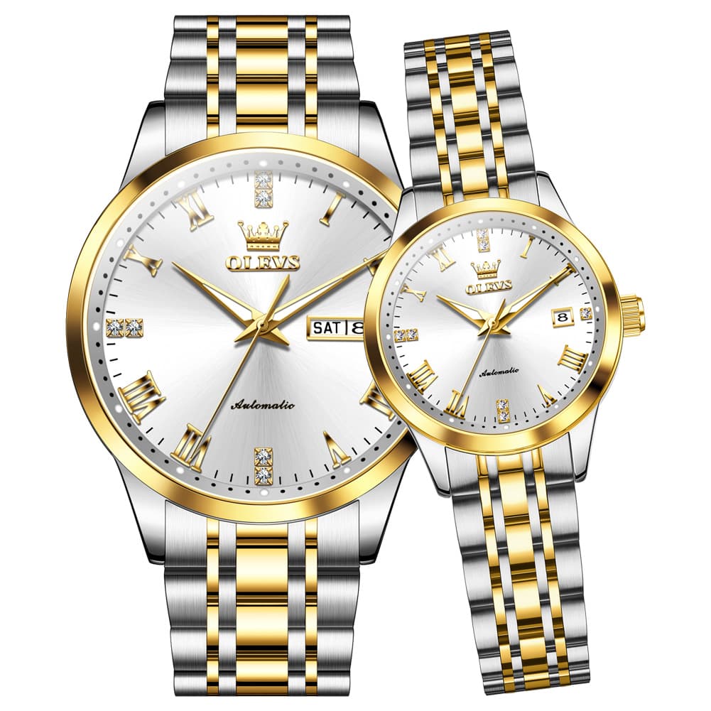OLEVS 7062 Classic Automatic Couples Watch Set - Two Tone Gold Watch | Olevs Watch Store