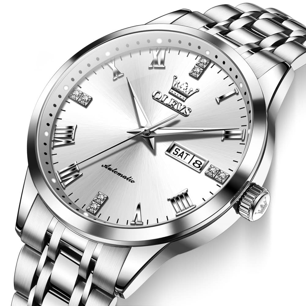OLEVS 7062 Classic Dual Calendar Automatic Watch For Men - Silver Black Watch | Olevs Watch Store