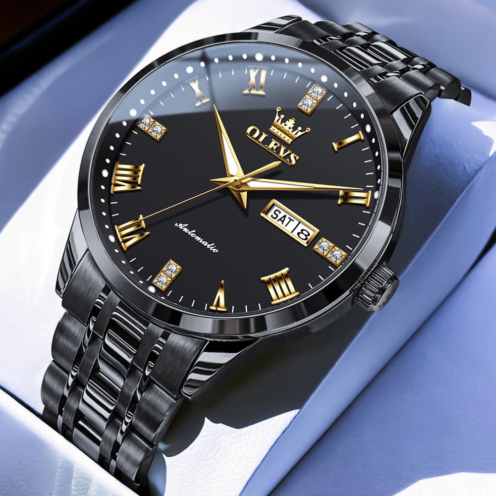 OLEVS 7062 Classic Dual Calendar Automatic Watch For Men - All Black Watch | Olevs Watch Store