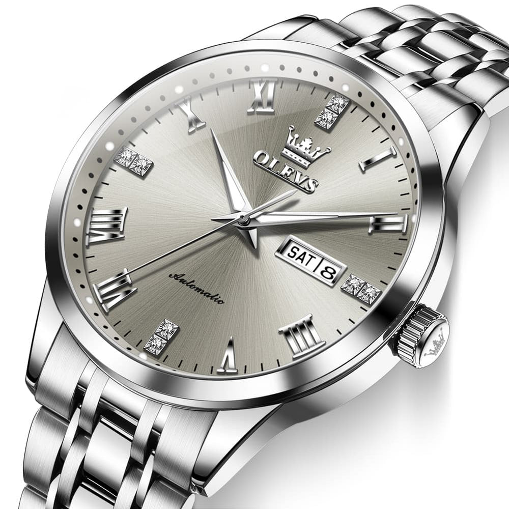 OLEVS 7062 Classic Dual Calendar Automatic Watch For Men - Silver Black Watch | Olevs Watch Store