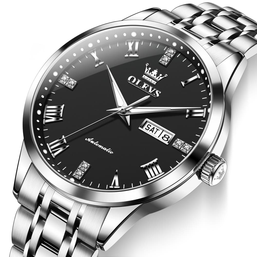 OLEVS 7062 Classic Dual Calendar Automatic Watch For Men - Silver Black Watch | Olevs Watch Store