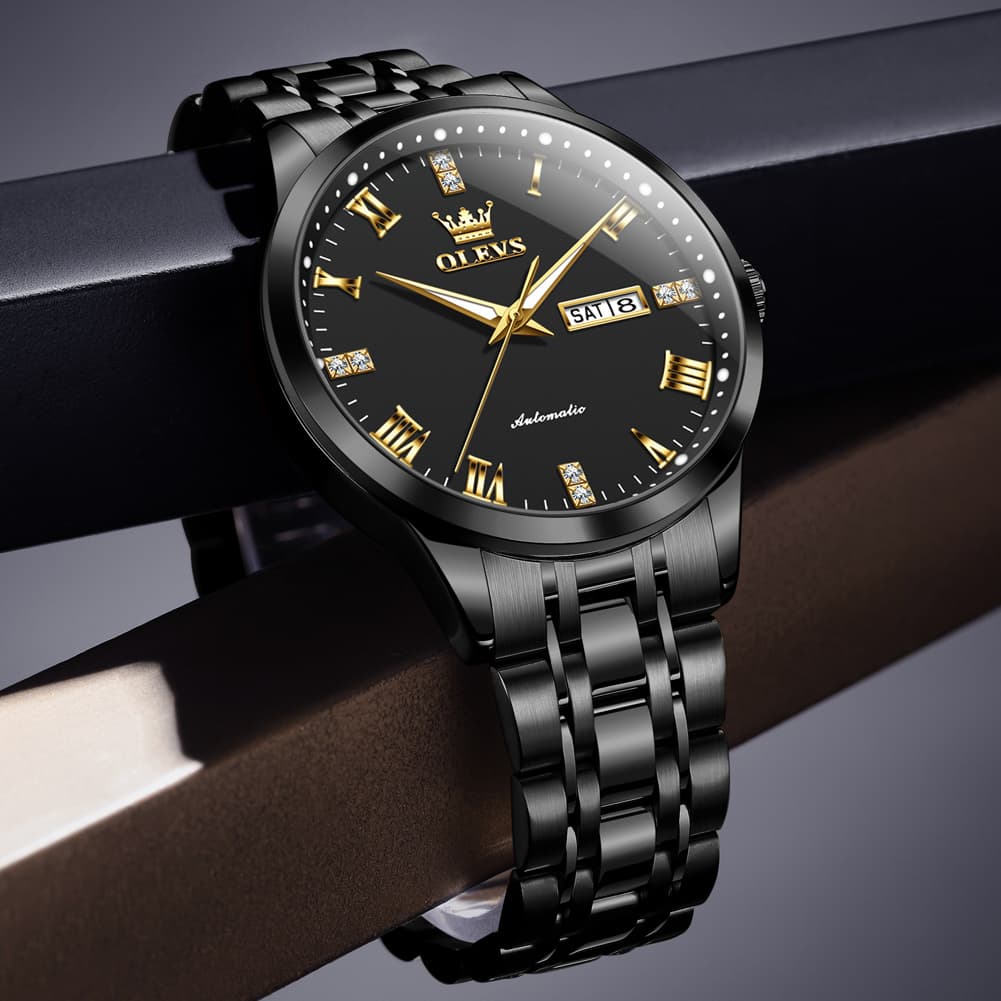 OLEVS 7062 Classic Dual Calendar Automatic Watch For Men - Silver Black Watch | Olevs Watch Store