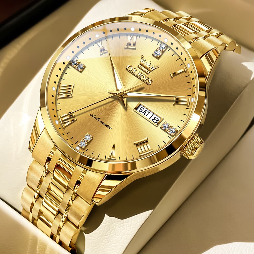 OLEVS 7062 Classic Dual Calendar Automatic Watch For Men - All Gold Watch | Olevs Watch Store