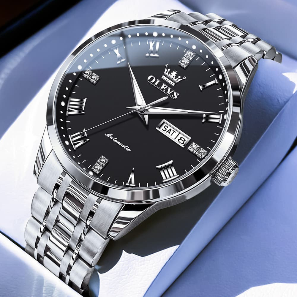 OLEVS 7062 Classic Dual Calendar Automatic Watch For Men - Silver Black Watch | Olevs Watch Store