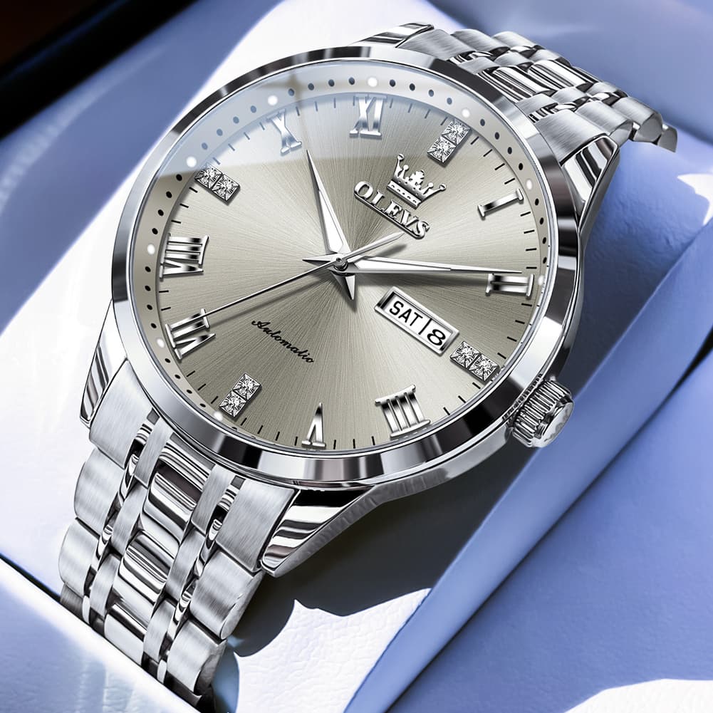 OLEVS 7062 Classic Dual Calendar Automatic Watch For Men - Silver Grey Watch | Olevs Watch Store