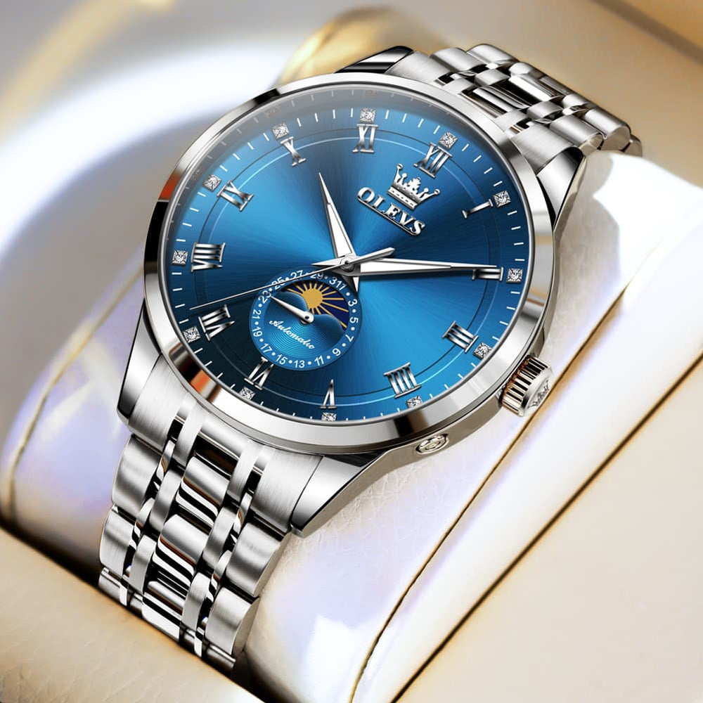 OLEVS 7063 Diamond Moon Phase Automatic Watch For Men - Silver Blue Watch | Olevs Watch Store