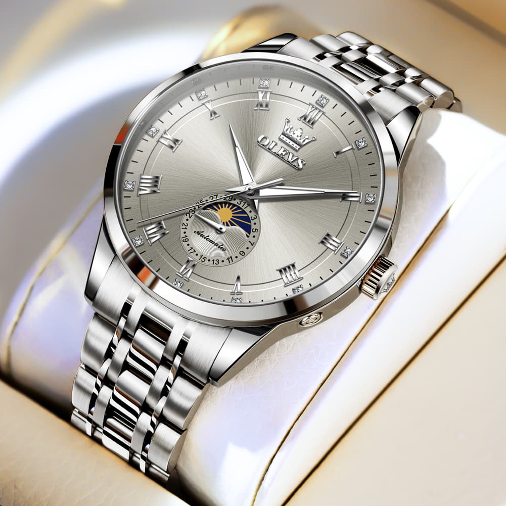 OLEVS 7063 Diamond Moon Phase Automatic Watch For Men - Silver Grey Watch | Olevs Watch Store