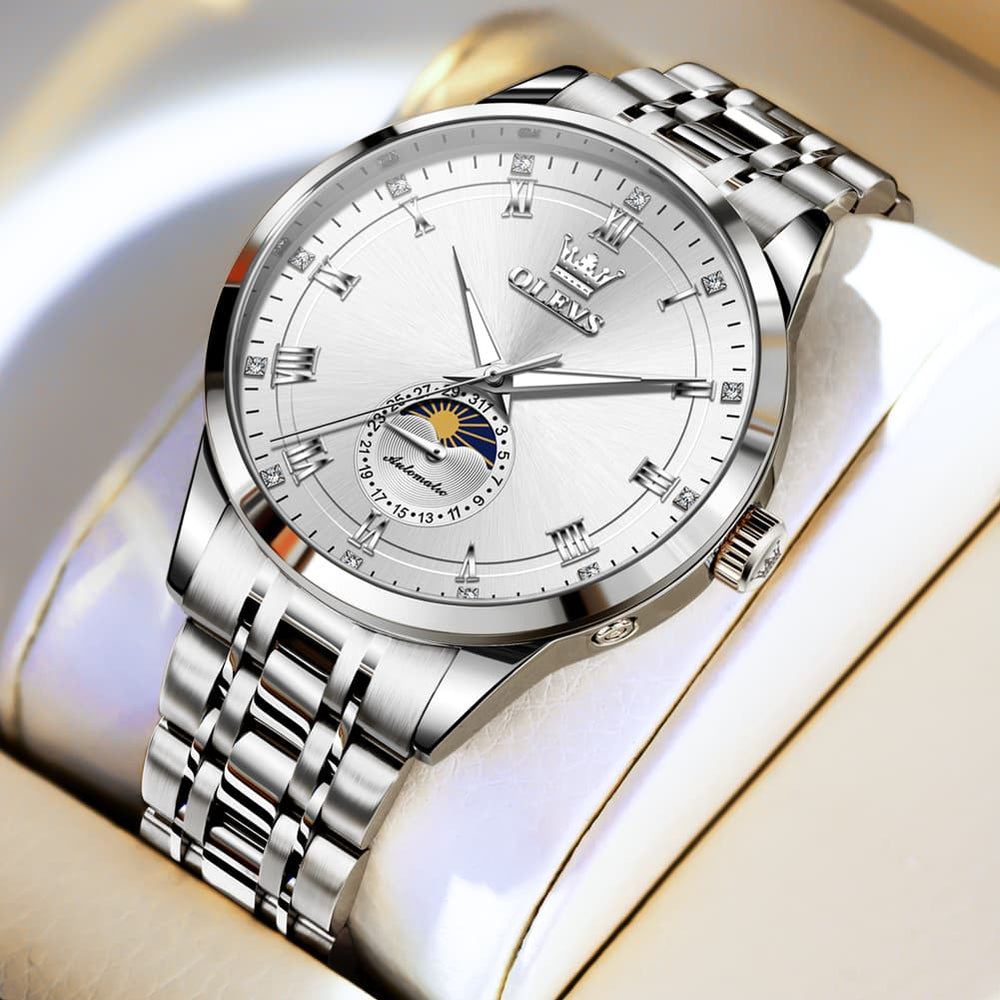OLEVS 7063 Diamond Moon Phase Automatic Watch For Men - Silver White Watch | Olevs Watch Store