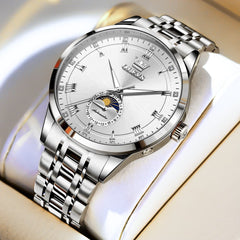 OLEVS 7063 Diamond Moon Phase Automatic Watch For Men - Silver White Watch | Olevs Watch Store