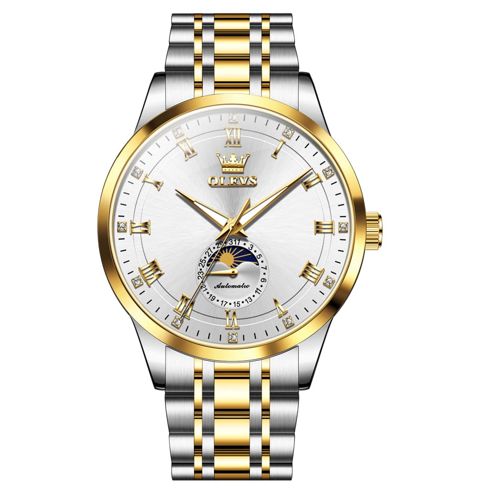 OLEVS 7063 Diamond Moon Phase Automatic Watch For Men - Two Tone White Watch | Olevs Watch Store