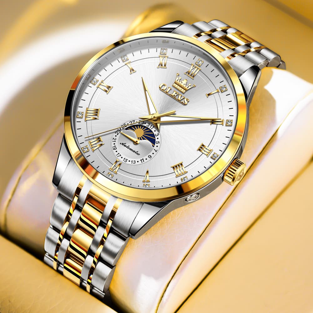 OLEVS 7063 Diamond Moon Phase Automatic Watch For Men - Two Tone White Watch | Olevs Watch Store