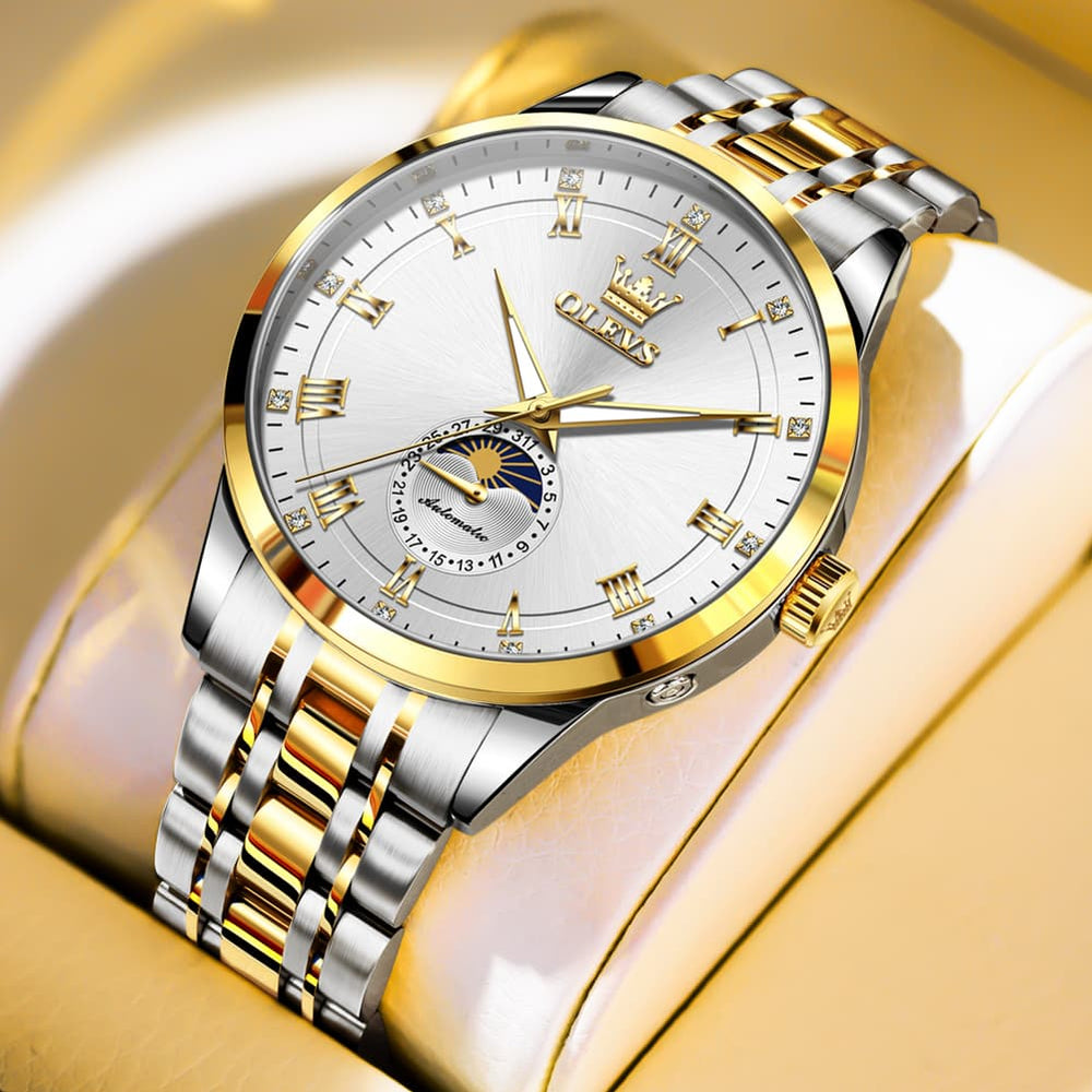 OLEVS 7063 Diamond Moon Phase Automatic Watch For Men - Two Tone White Watch | Olevs Watch Store