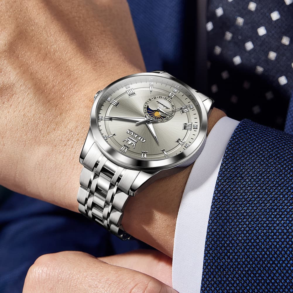 OLEVS 7063 Diamond Moon Phase Automatic Watch For Men - Two Tone White Watch | Olevs Watch Store