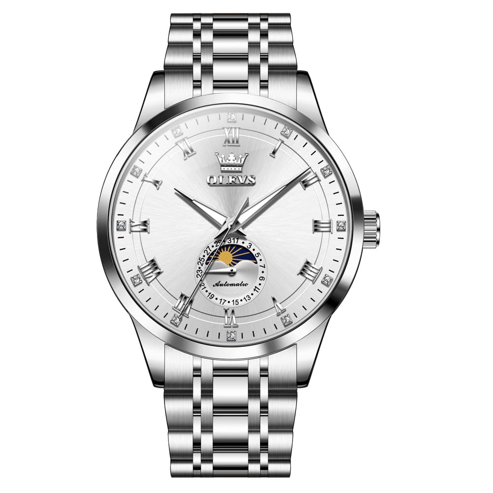 OLEVS 7063 Diamond Moon Phase Automatic Watch For Men - Two Tone White Watch | Olevs Watch Store