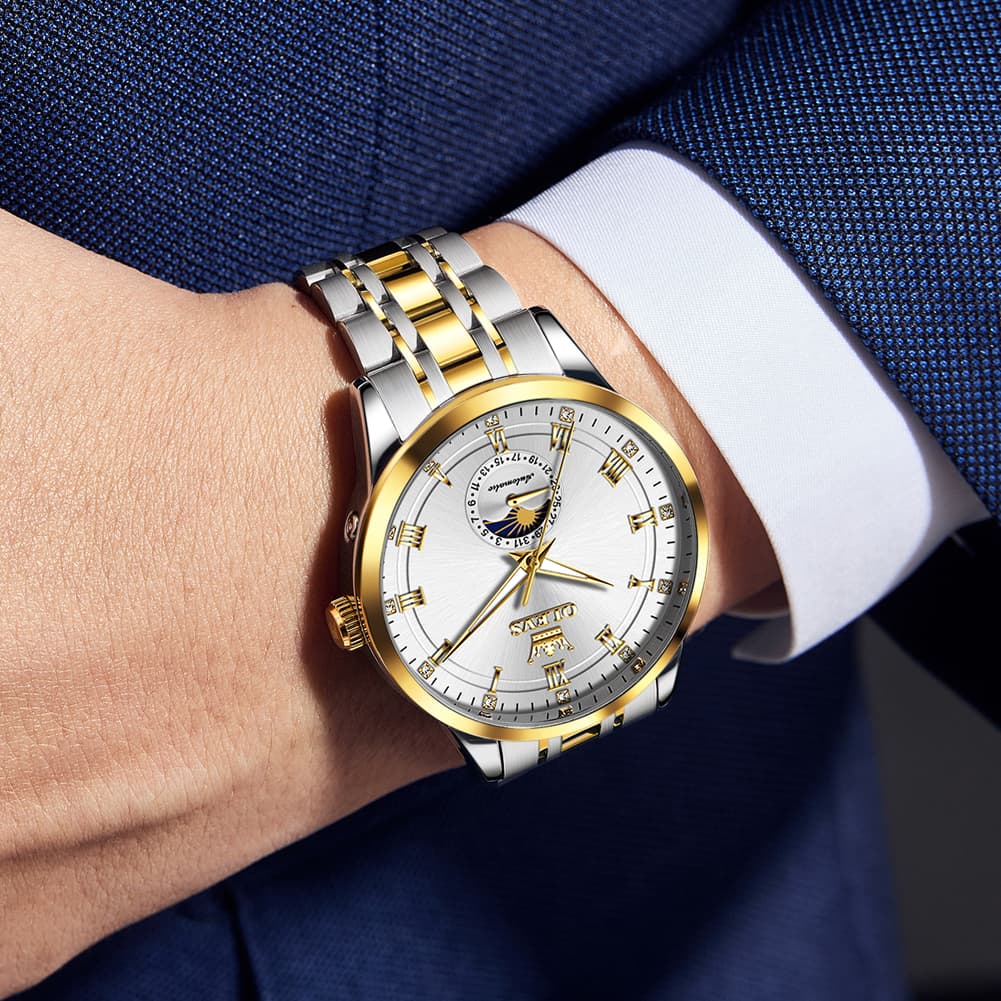 OLEVS 7063 Diamond Moon Phase Automatic Watch For Men - Two Tone White Watch | Olevs Watch Store