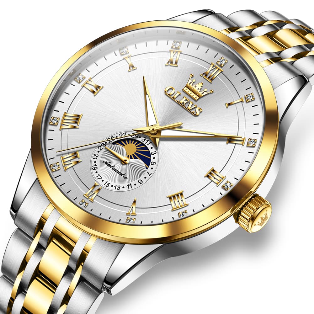 OLEVS 7063 Diamond Moon Phase Automatic Watch For Men - Two Tone White Watch | Olevs Watch Store