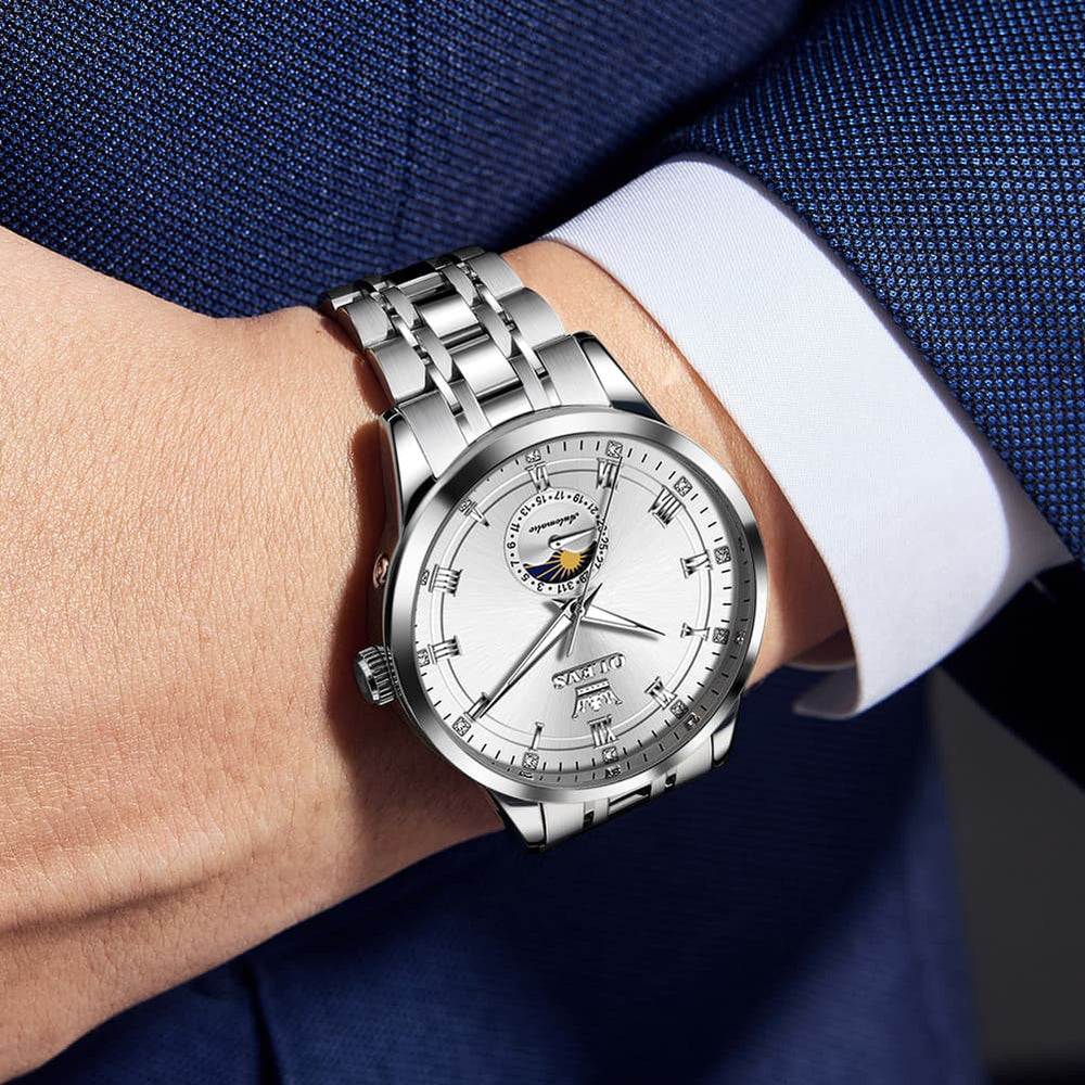 OLEVS 7063 Diamond Moon Phase Automatic Watch For Men - Two Tone White Watch | Olevs Watch Store